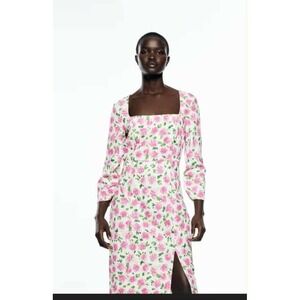 Zara Square Neck Floral Print Midi Dress Pink White Long Sleeve Slit